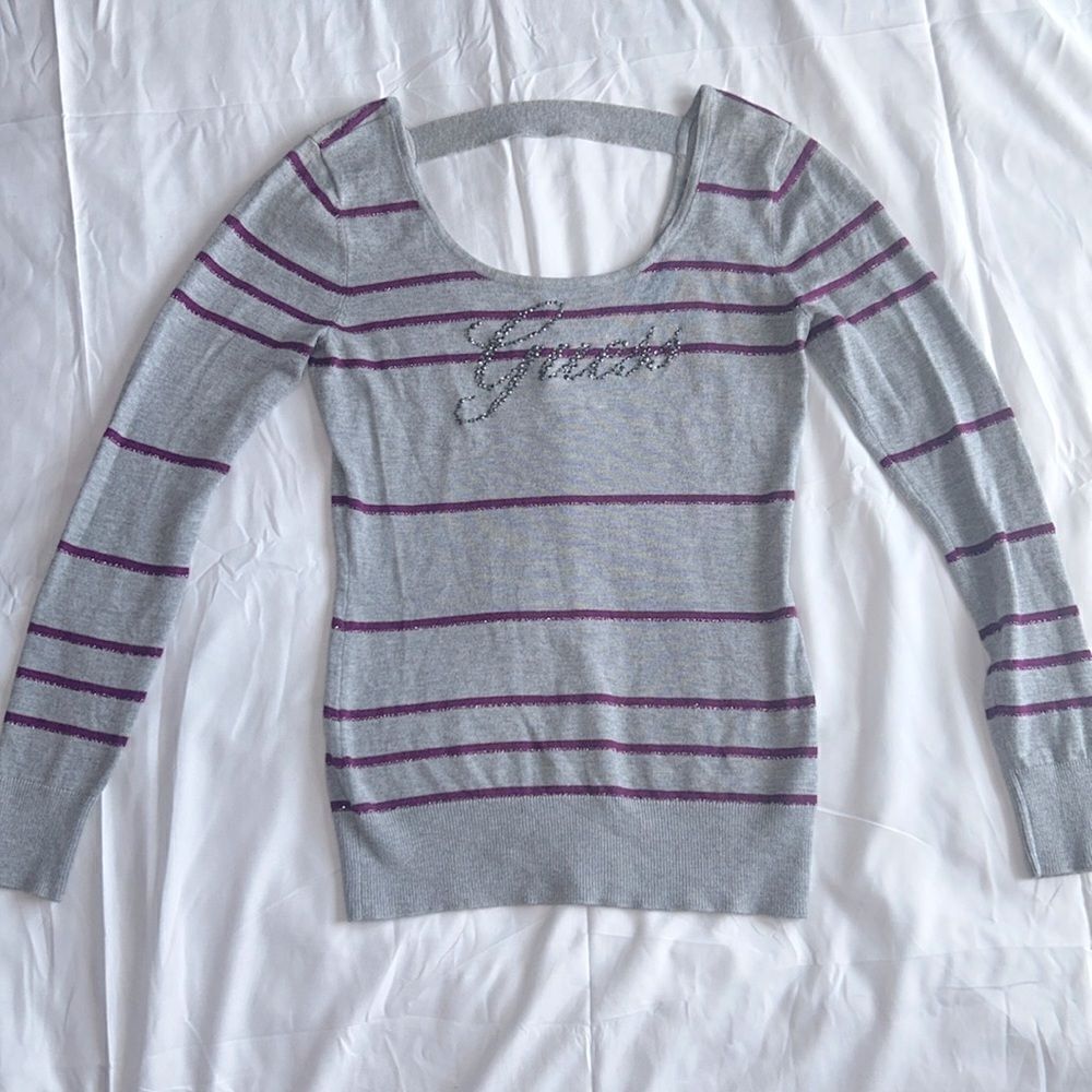 GUESS Vintage Y2K Vibes Grey Purple Glitter Stripe Bling Graphic Sweater…